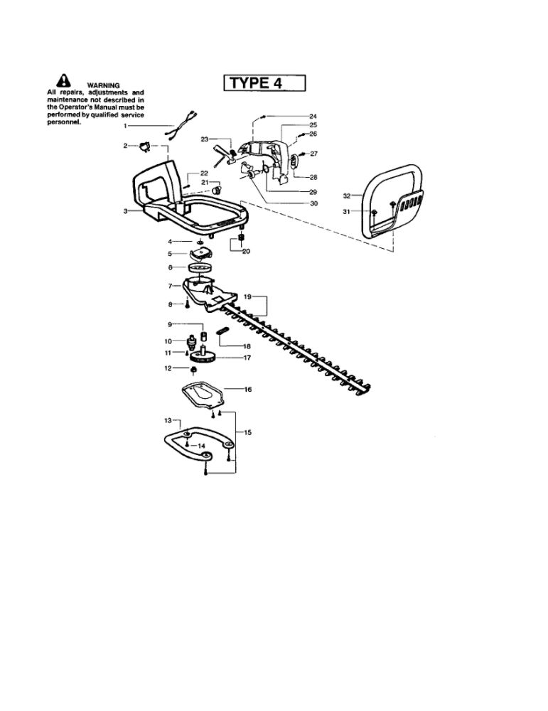 Blade/Handle/Clutch/Drum Diagram and Parts List for GHT180 Type 4 Weed Eater Hedge Trimmer